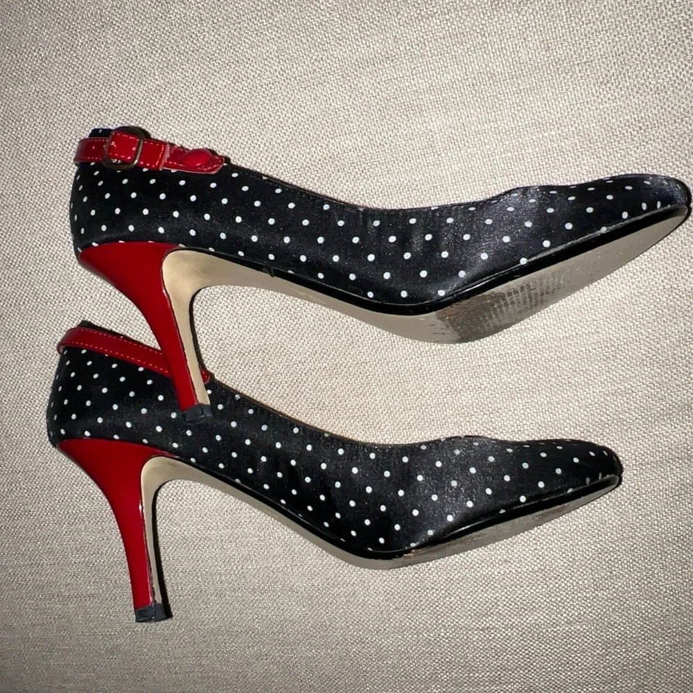 Retro Steve Madden Luvvy Black Polka Dot Heels Red Buckle Strappy 6M Rockabilly - Picture 5 of 11